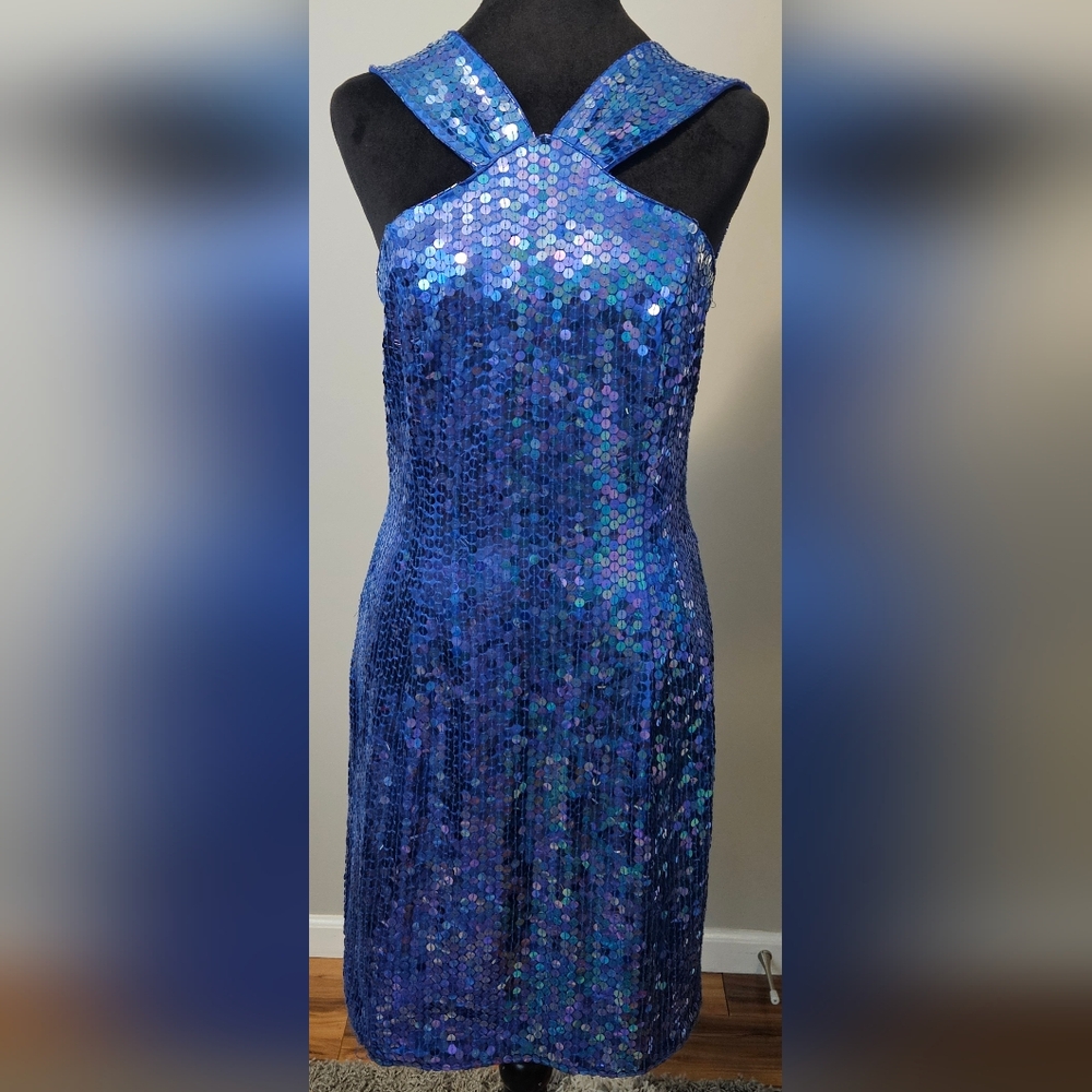 Robert Anthony Vintage Formal Cocktail Party Dress Blue Purple Sequins Size P12